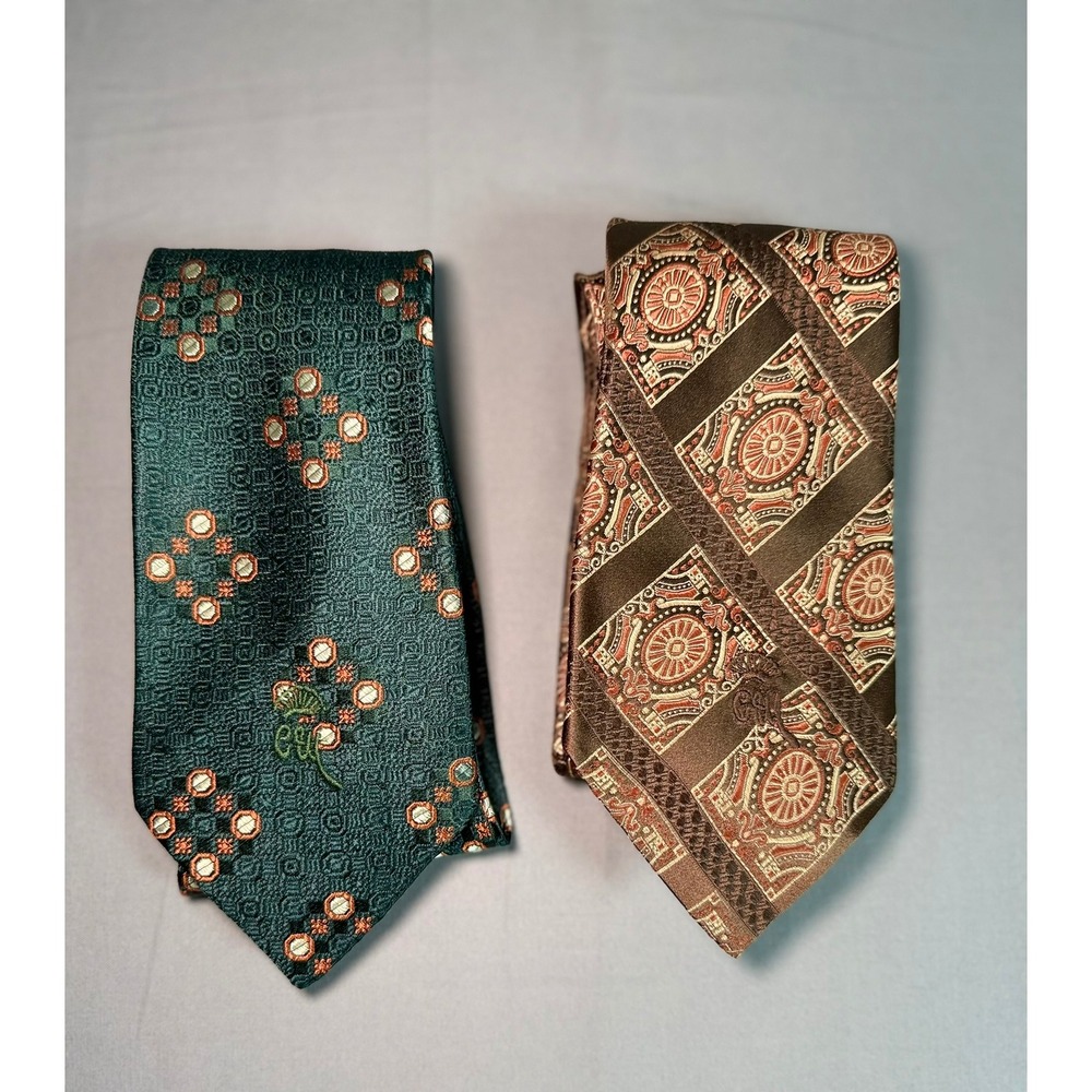 Countess Mara Charleston Vintage Silk Tie Lot 2 Green Brown Geometric Medallion